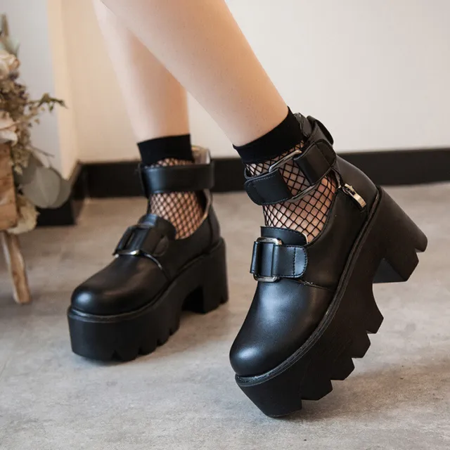 Womens Block Heels Mary Jane Round Toe Platform Gothic Buckle Strap Lolita Shoes