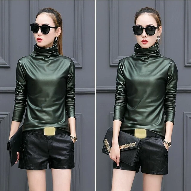 Femme Simili Cuir Haut Basique Bas Chemise Col Roulé Chemisier Pull Décontracté