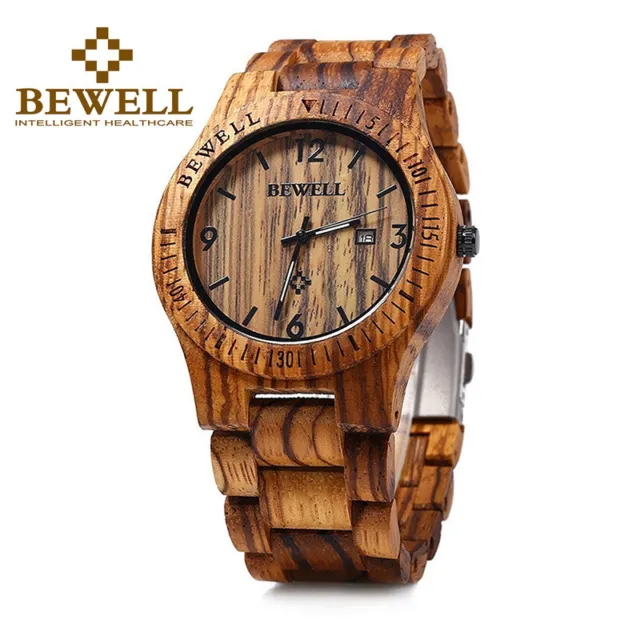 BEWELL Wood Watch Men Quartz Date Display Mens Wrist Watch Wooden Band W086B
