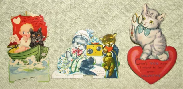 30’s Vintage Die Cut 2 Mechanical Valentine Cards ~ Dogs Kitty Cat Anthropomorph