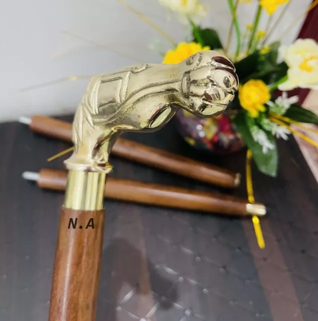 Horse Head Walking Cane Brass Finish Handle Natural Brown Wooden Cane Designer