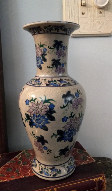 Beautiful Old Vintage Chinoiserie Style Floral vase Gray Blue Pink 12" tall