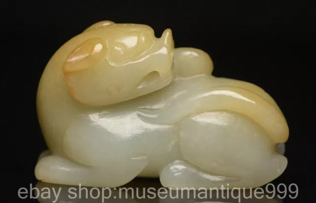 2.4" Chinese Natural Hetian White Jade Carved Beast Statue Sculpture