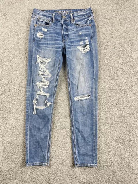 American Eagle Tomgirl Jeans Womens Size 2R Distresse Blue Button Fly 27x29