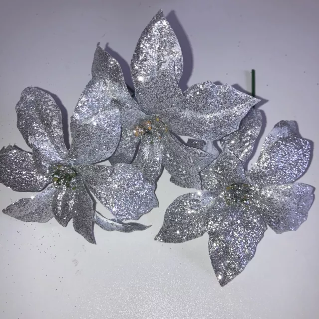CHRISTMAS Poinsettia x 3 flowers-DECORATION, very SILVER sparkle