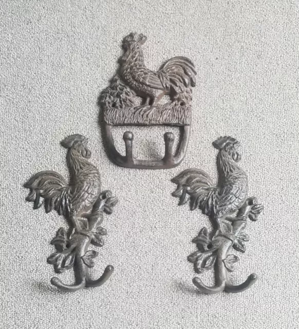 Cast Iron Figural Rooster 3 Pc Set Double 2 Hooks Hangers Wall Decor Rack