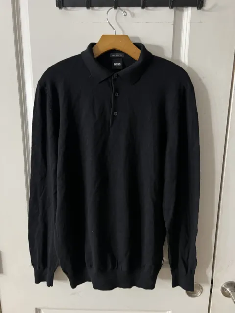 Hugo Boss Men’s XL Black Polo Sweater 100% Virgin Wool Long Sleeve Pull Over