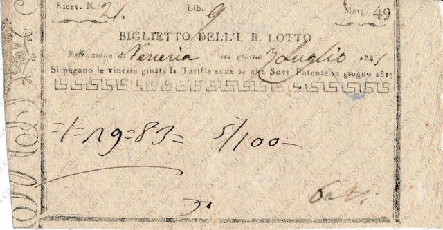 1841 VENEZIA Biglietto Gioco del Lotto lotteria estrazione vincita documento 3/3
