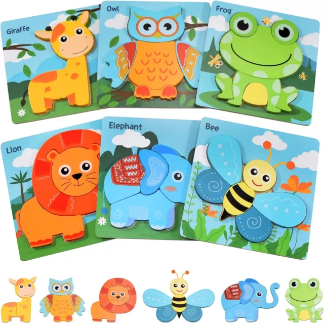 Wooden Puzzles for Toddlers 3, 6 PCS Animals Jigsaw Puzzles,Toddler Puzzles Gift