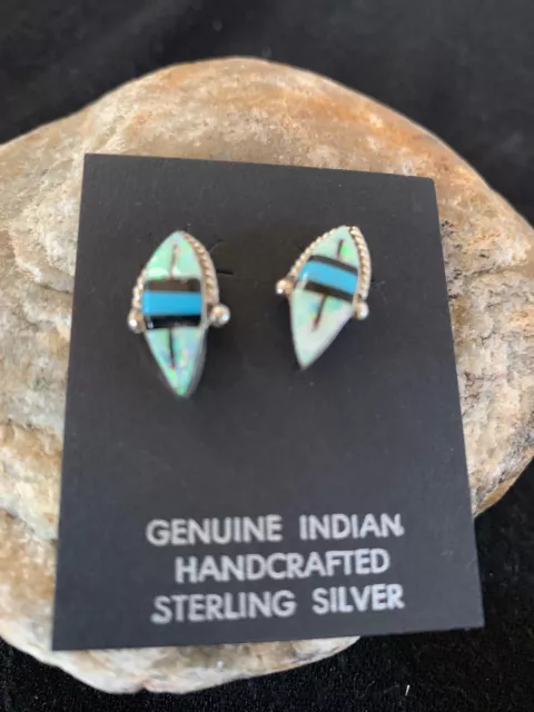 Navajo Turquoise White OPAL Onyx Inlay Sterling Silver Earrings 13050