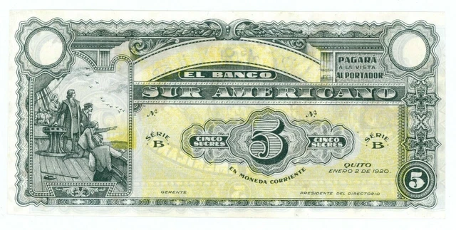 Ecuador  … P-S252r … 5 Sucres … 1920 … Choice *UNC*.😉 Error: rev. off center.