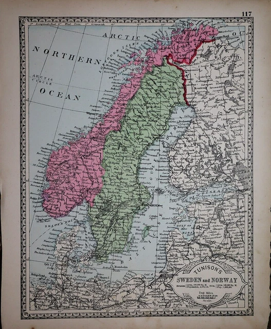 1885 Tunison Atlas Map ~ SWEDEN & NORWAY ~ (11x14) ~ Free S&H