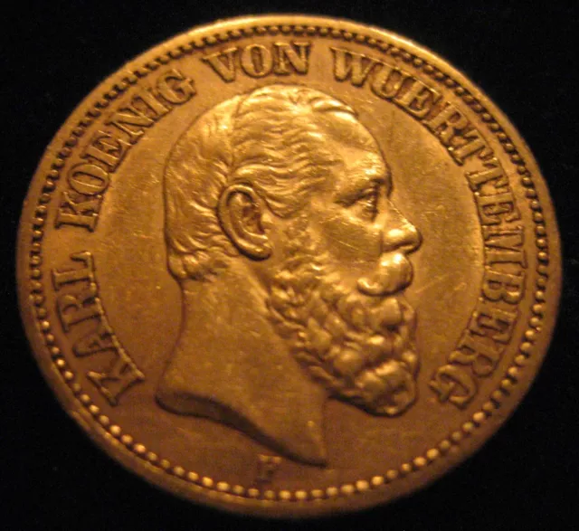 Mds Deutsches Reich Kaiserreich Wuerttemberg 20 Mark 1873 F "Karl", Gold  #Ps