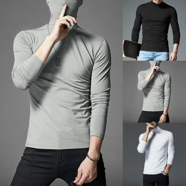 Sleek and Trendy Solid Color Men's Slim Turtleneck Long Sleeve Pullover Top