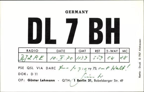 Ak QSL Karte, Funkerkarte, DL7BH, Günter Lehmann, Berlin - 3009681