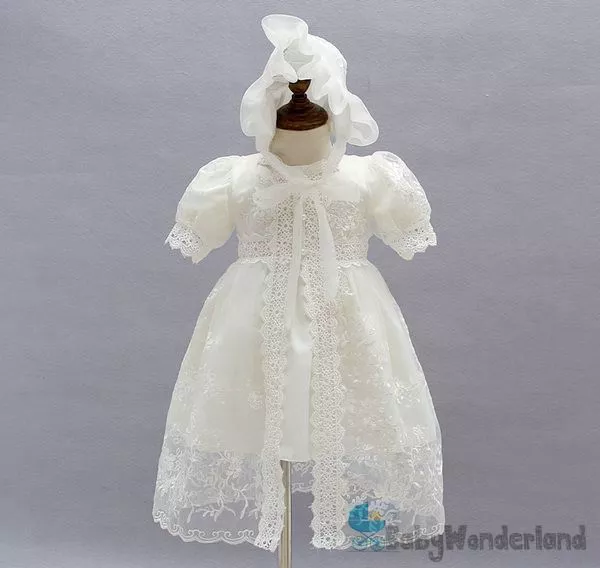 Baby Girls 3 Pcs Ivory Christening Gown Baptism Gown Birthday Lace Dress  0-2Y