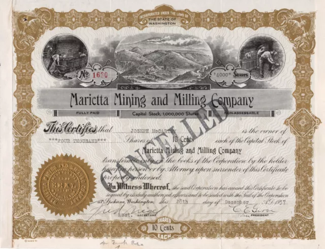 Marietta Mining & Milling Company - Original Stock Certificate -1937 - #1630