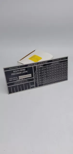 SOUTH BEND 10L LATHE PLATE HEAVY 10 THREADING CHART TAG 7-1/4" X 3"  Chart No. 1