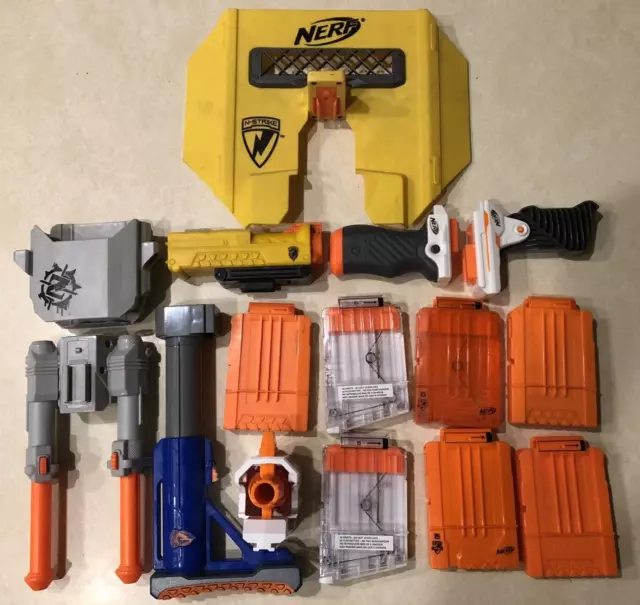 Lot of 15 NERF Gun Accessories Attachments Barrel Clip Scope Stampede N-Strike