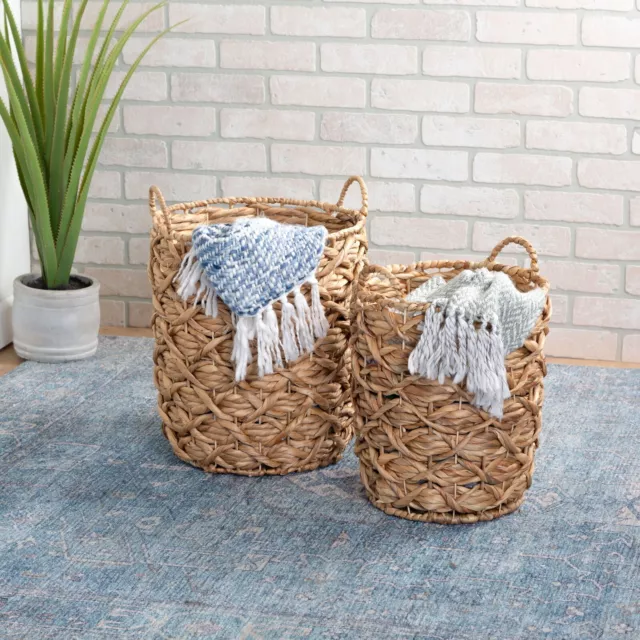 Wicker Woven Round Nesting Basket Home Storage Organizer Set of 2 w/Handles US