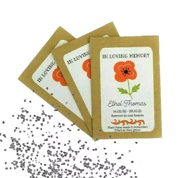 Personalised Funeral Poppy Seed Packets Envelopes- Memorial Remembrance Favours