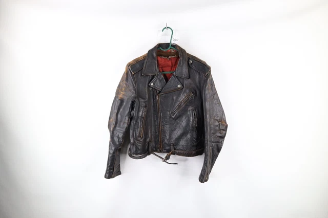Vtg 50s Mens 38 Thrashed Horsehide Leather Belted Motorcycle Jacket Dark Brown