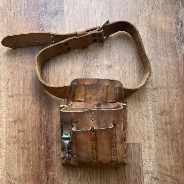 Vintage Klein Tools 5164 8 Pocket Leather Slotted Tool Pouch w/ #5415 Belt