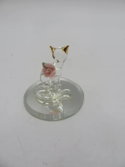 Vtg Glass Baron Crystal Cat w/Pink Rose and Gold Ears Glass Figurine 1.5" Tall