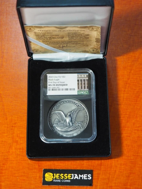 2023 $2 Fiji Silver Black Eagle Ngc Ms70 Antiqued First Day Of Issue 2 Oz W/Coa