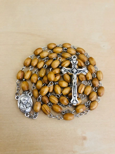 Catholic Prayer Rosary Wood Beads Necklace Holy Soil Medal Cross Crucifix