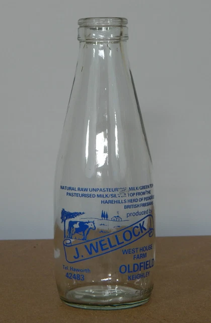 Vintage J.Wellock West house farm Oldfield keighley milk bottle1 pint