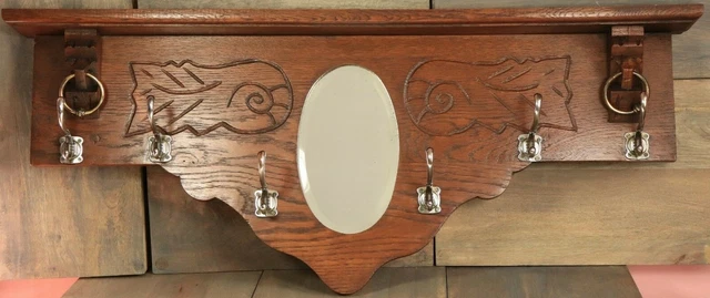 Antique French Hand Carved Oak Wall Coat Hat Rack with Mirror Lions Heads Rings
