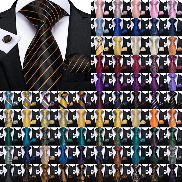 Mens Ties Set Silk Black Gold Solid Paisley Striped Men Tie Necktie Hanky Set