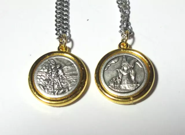 Round Two-Tone St Michael the Archangel & Guardian Angel Holy Medal on 24" Chain