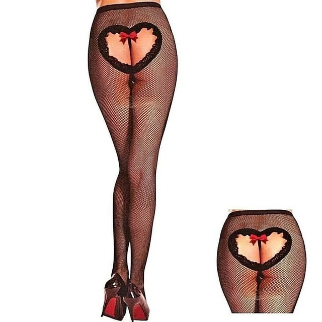 Collant CALZE a rete cuore e fiocco Sexy INTIMO fetish LINGERIE NERE sesso  1068
