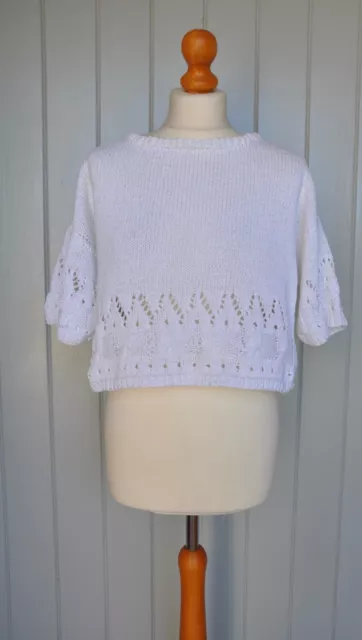 Vintage 1980’s White Cropped  Short Sleeve Jumper Handknit  Cotton -Sz 8 / 10