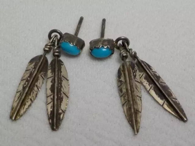 Vintage Sterling Silver Turquoise And  Feathers Earrings Southwest / Post