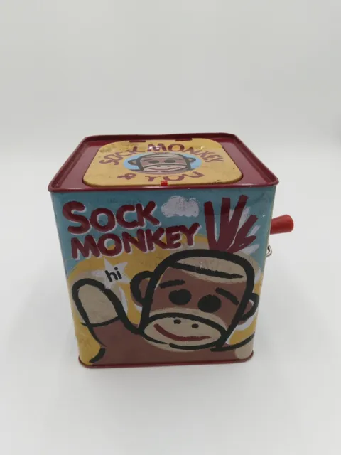 Schylling Sock Monkey Jack in the Box Wind Up Tin Toy Musical in Box 2010