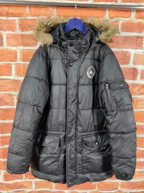 Boys Hype Age 13 Years Black Fur Trim Puffer Jacket Coat Padded Hood Kids 158Cm