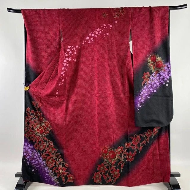 Woman Japanese Kimono Furisode Silk Lily Cherry Blossom Gold Foil Red