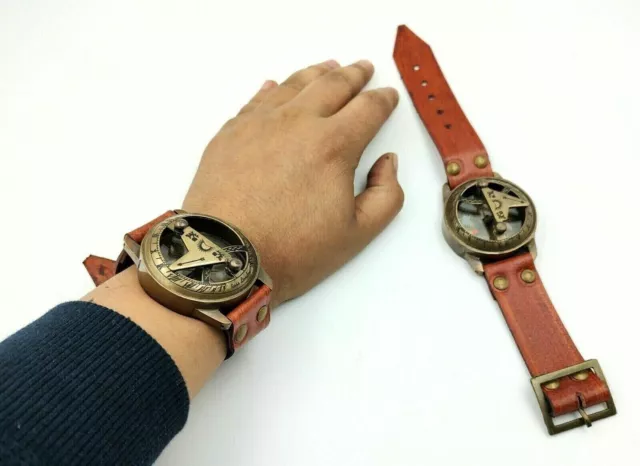 Maritim Messing Sonnenuhr Kompass Handgelenk Uhr Leder Nautisch Perfekt Geschenk 3