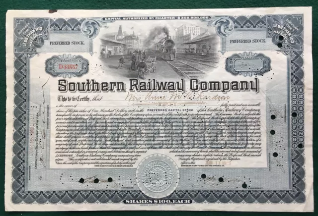 Vintage Southern Railway Company, Railroad Stock Certificate