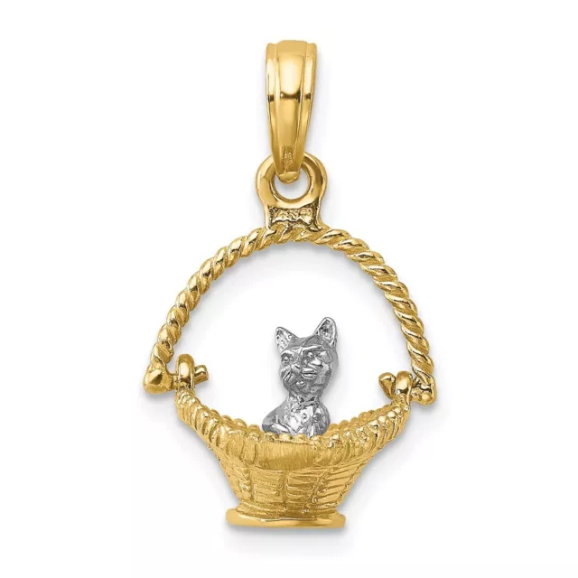 14k Gold Mit Rhodium-Plating 3-D Winzig Katze IN Korb Anhänger