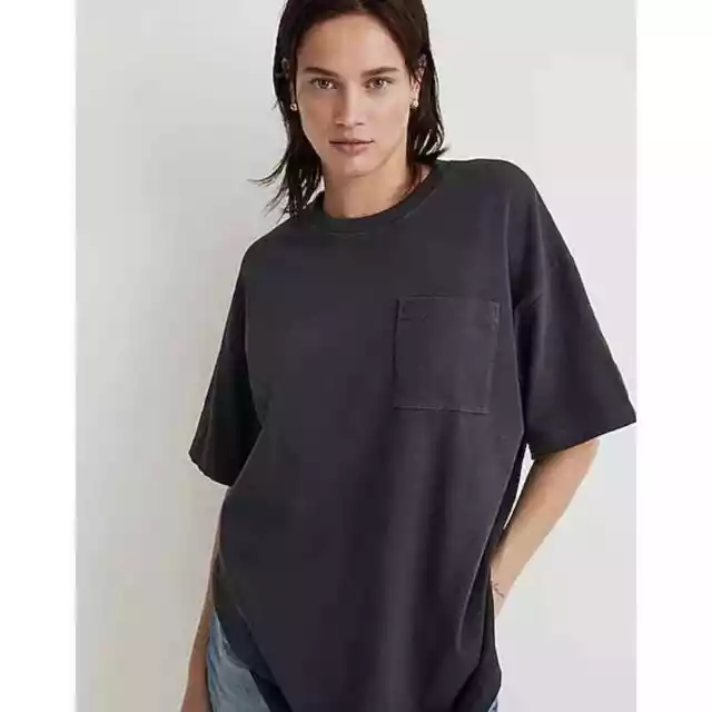 Madewell Womens Garment Dyed Pocket Tee XS Black Coal Oversized Casual NWOT