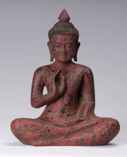 Buddha - Antique Khmer Style Seated Wood Buddha Statue Teaching Mudra - 34cm/14"