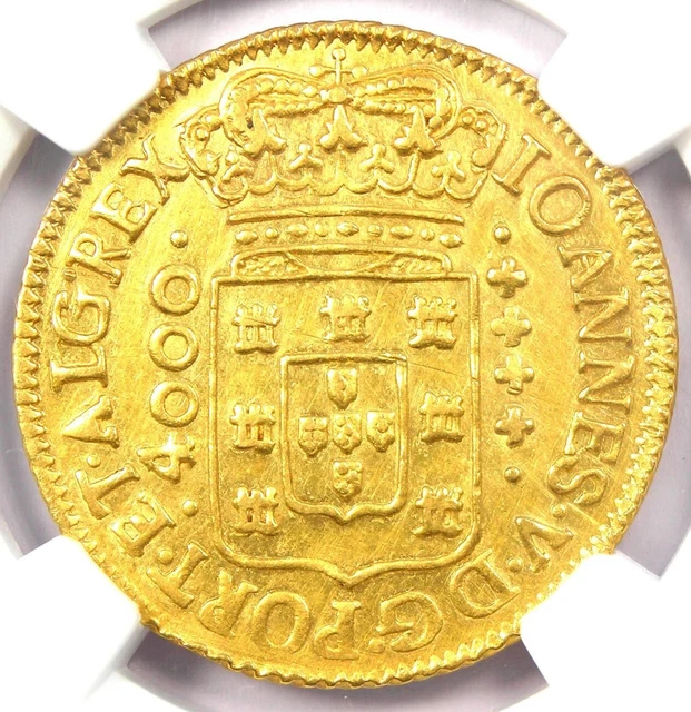 1725 Brazil Gold Joao V 4000 Reis Coin 4000R - Certified NGC AU58 - Rare!