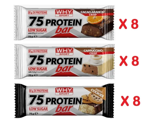 WHY SPORT 75 Protein Bar 24 barrette Proteiche da 75 gr LOW SUGAR 40% Proteine