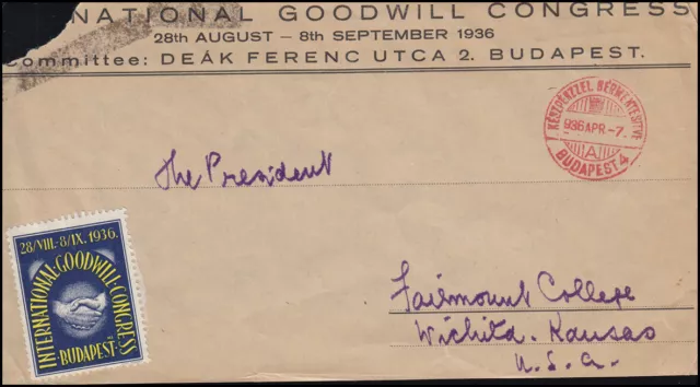 Briefvordrseite NATIONAL GOODWILL CONGRESS mit SSt BUDAPEST 7.4.1936 in die USA