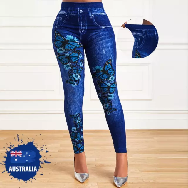 Women Faux Denim Jeans look Butterfly print Pencil Slim Leggings Jeggings Pants