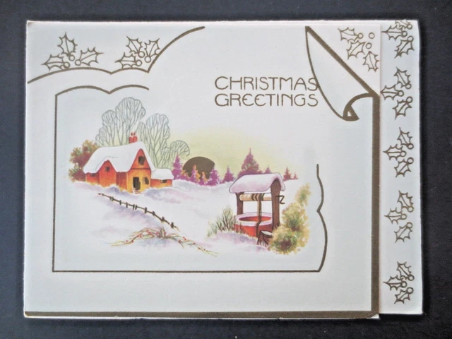 Vintage CHRISTMAS Greetings Card Snowy Cottage Well Robins & Holly 1950s